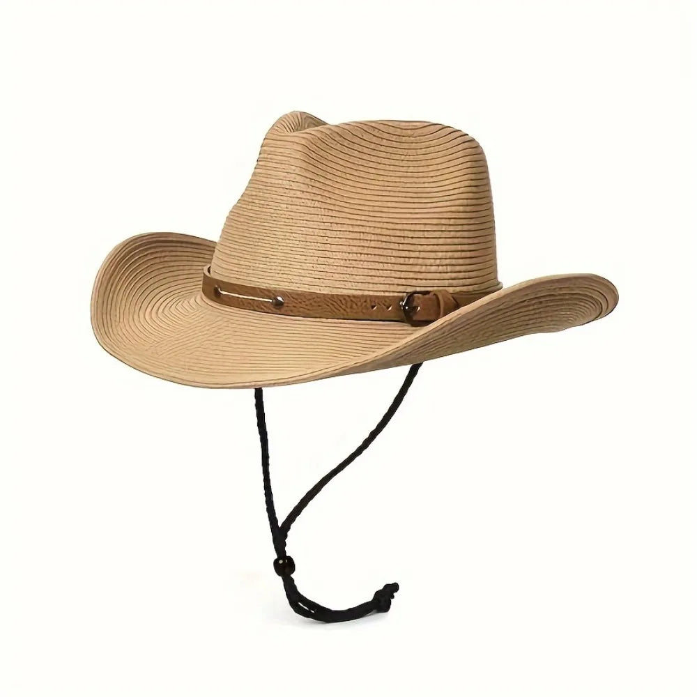 Foldable Unisex Wide Brim Straw Cowboy Hat, Sun Protection Western Cowgirl/Cowboy Hat, Summer Beach Sun Hat With Wind Lanyard Oasis Select Khaki