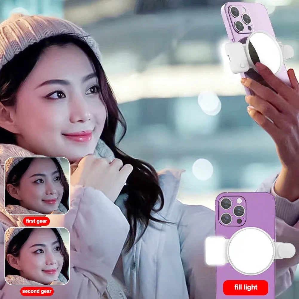 Clip-On Selfie Ring Mirror with Fill Light for Smartphone