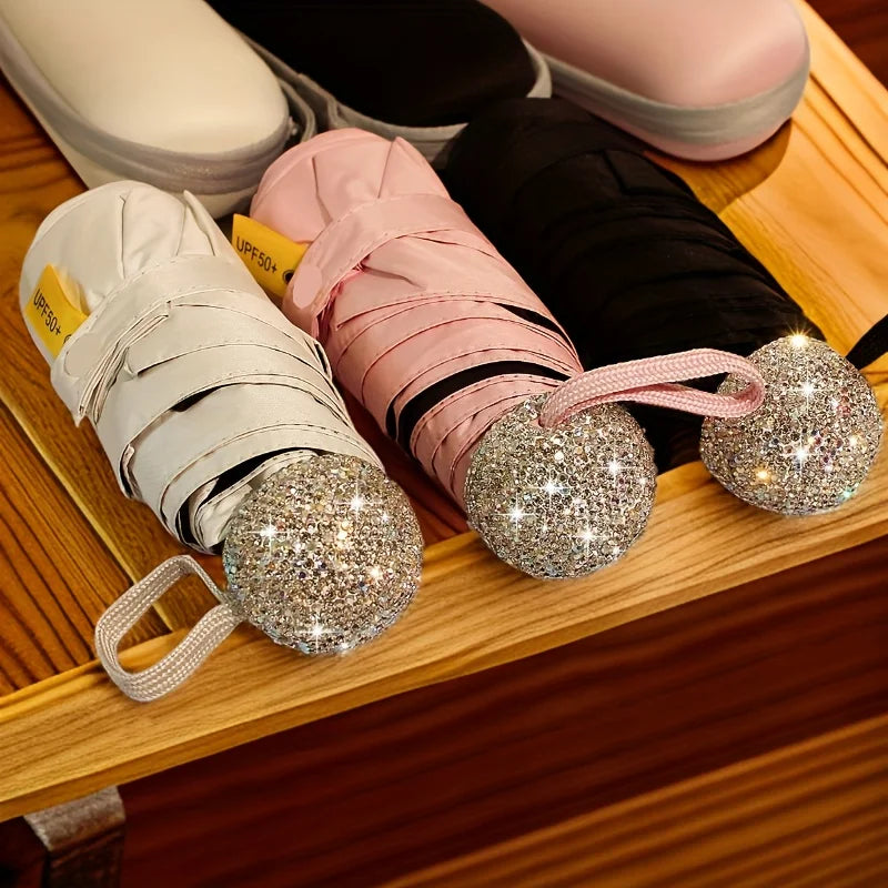 Folding Umbrella Sparkling Artificial Rhinestones Outdoor Sunshade UV Umbrella Portable for Both Sunny and Rainy Weather Oasis Select