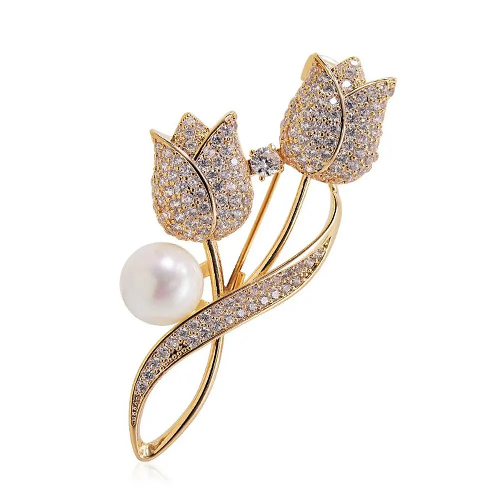 Zircon Tulip Pearl Brooch – Crystal Floral Lapel Pin for Women