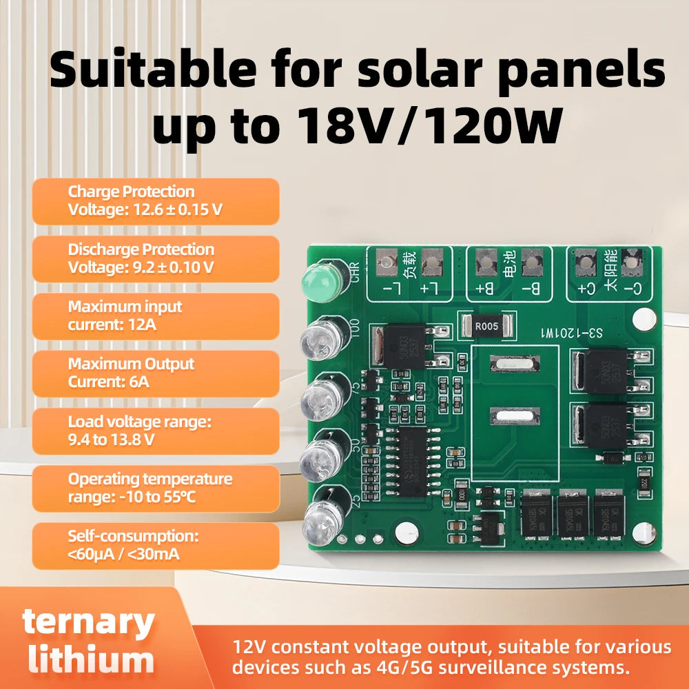 Solar Charge Module 12V 12A Max Intelligent Charging for 12.6V Lithium 14.4V LiFePO4 Battery Multi-Protection LED Indicator Oasis Select