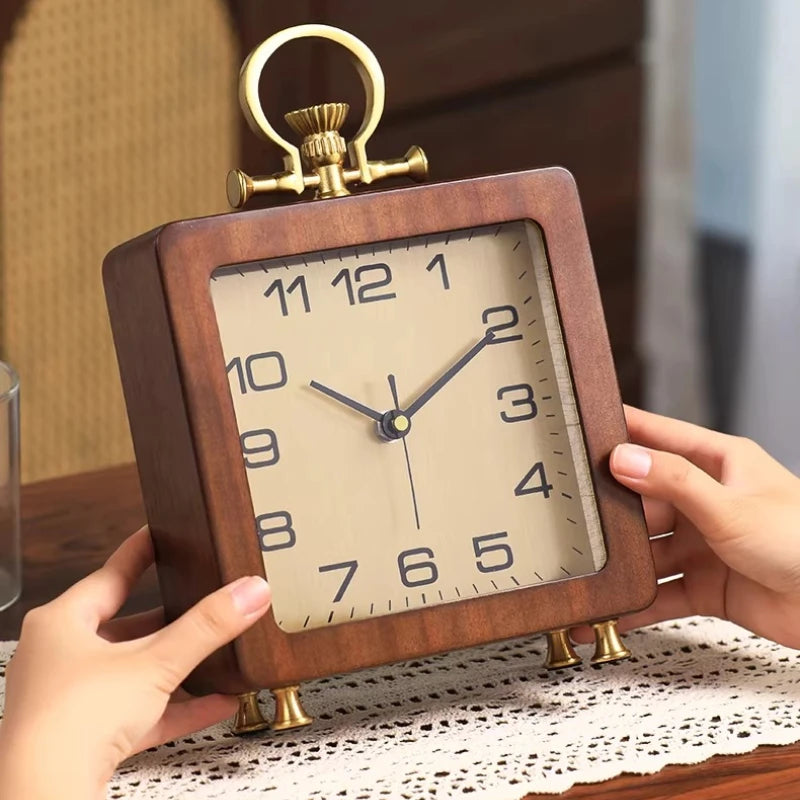 Living Room Household Solid Wood Clock Ornament Desktop New Retro High-end Sense High-end Placement Silent Clock Oasis Select