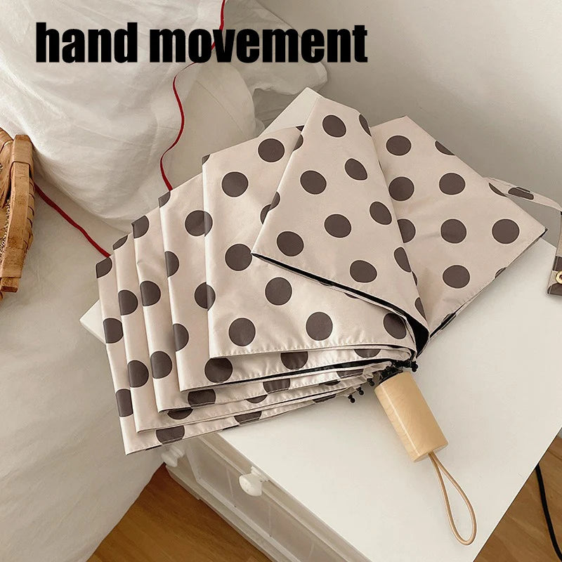 Hand Movement Retro Dot Folding Umbrella With Sun Protection and UV Protection Black Rubber Sun Umbrella Portable Sun Umbrella Oasis Select Milk tea color