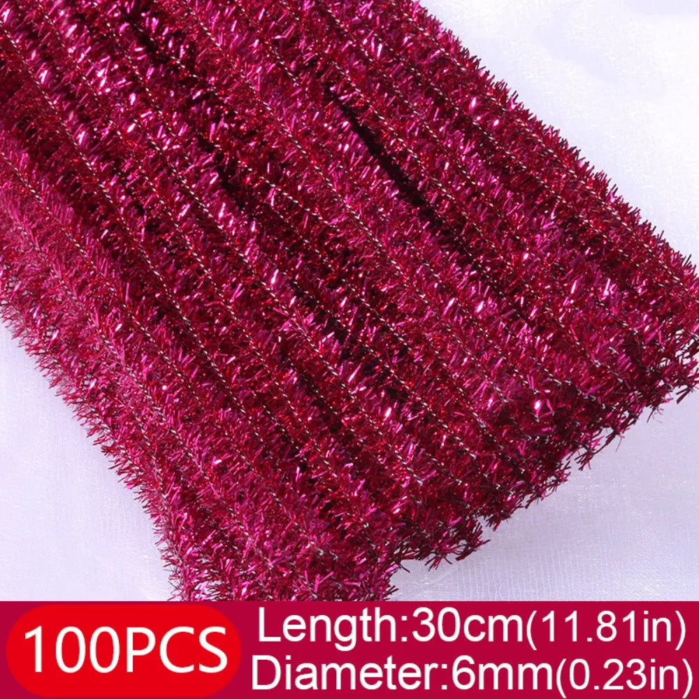 100pcs New 30cm Glitter Chenille Stems Wool Top Christmas DIY Craft Supplies Torsion Bar Tinsel Stems Oasis Select Rose Red