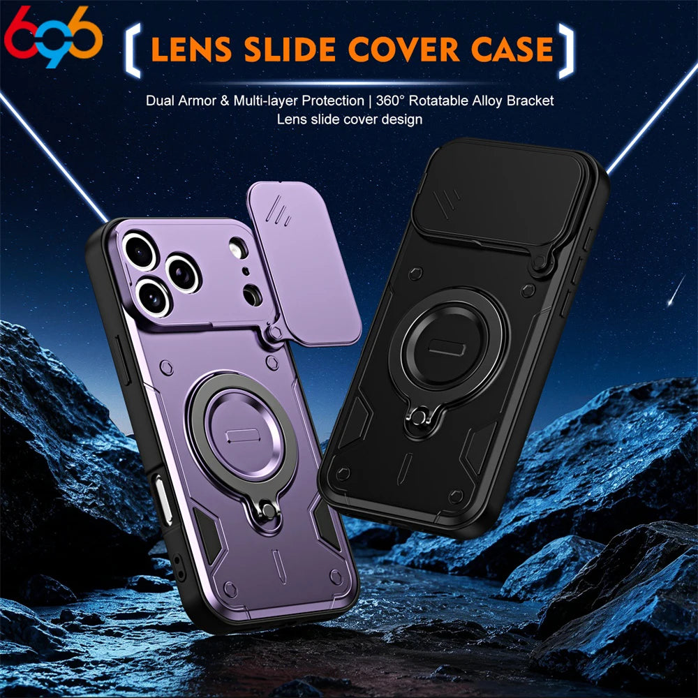 360° Rotating Magnetic Stand Armored Shockproof‌ Phone Case For IPhone 17 Pro Max 16 Slider Lens Skin Feel Slim Cover Man Lady Oasis Select