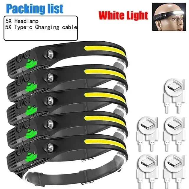 USB Rechargeable LED COB Sensor Headlamp White Light Head Torch Work Lamp Outdoor Waterproof Camping Fishing Lantern Headlight Oasis Select 5PCS