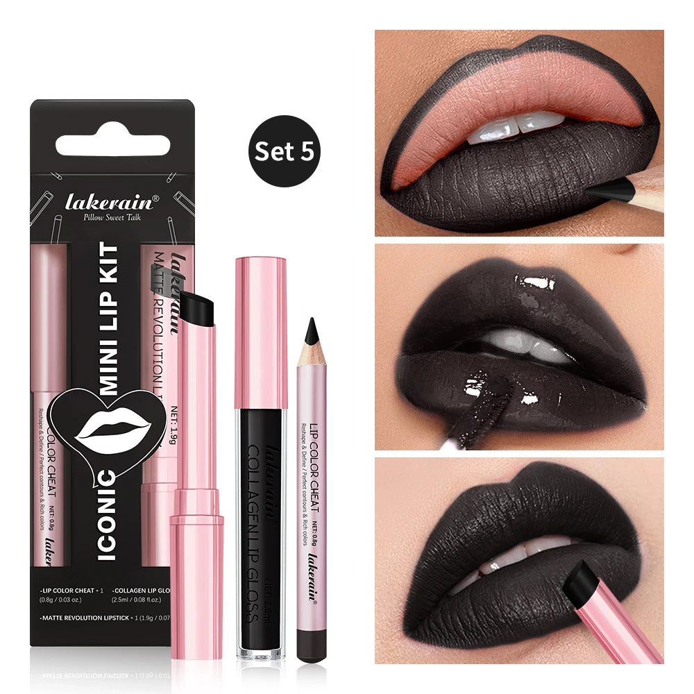 Waterproof Long Lasting Matte Black Lipstick Set Velvet Liquid Lip Gloss Lip Liner Set Red Stain Halloween Goth Makeup Oasis Select
