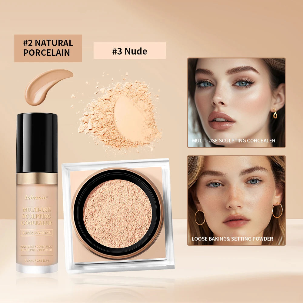 2pcs Face Makeup Set With Concealer And Loose Setting Powder Natural Face Smooth Matte Finish Women Cosmetics Korean Makeup Oasis Select SET 8