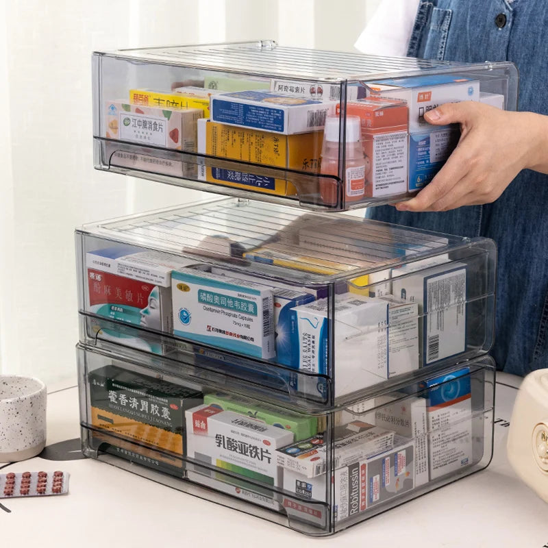 1pc gray drawer acrylic medicine storage box, large capacity stackable medicine sorting box, pull-out medicine box Oasis Select