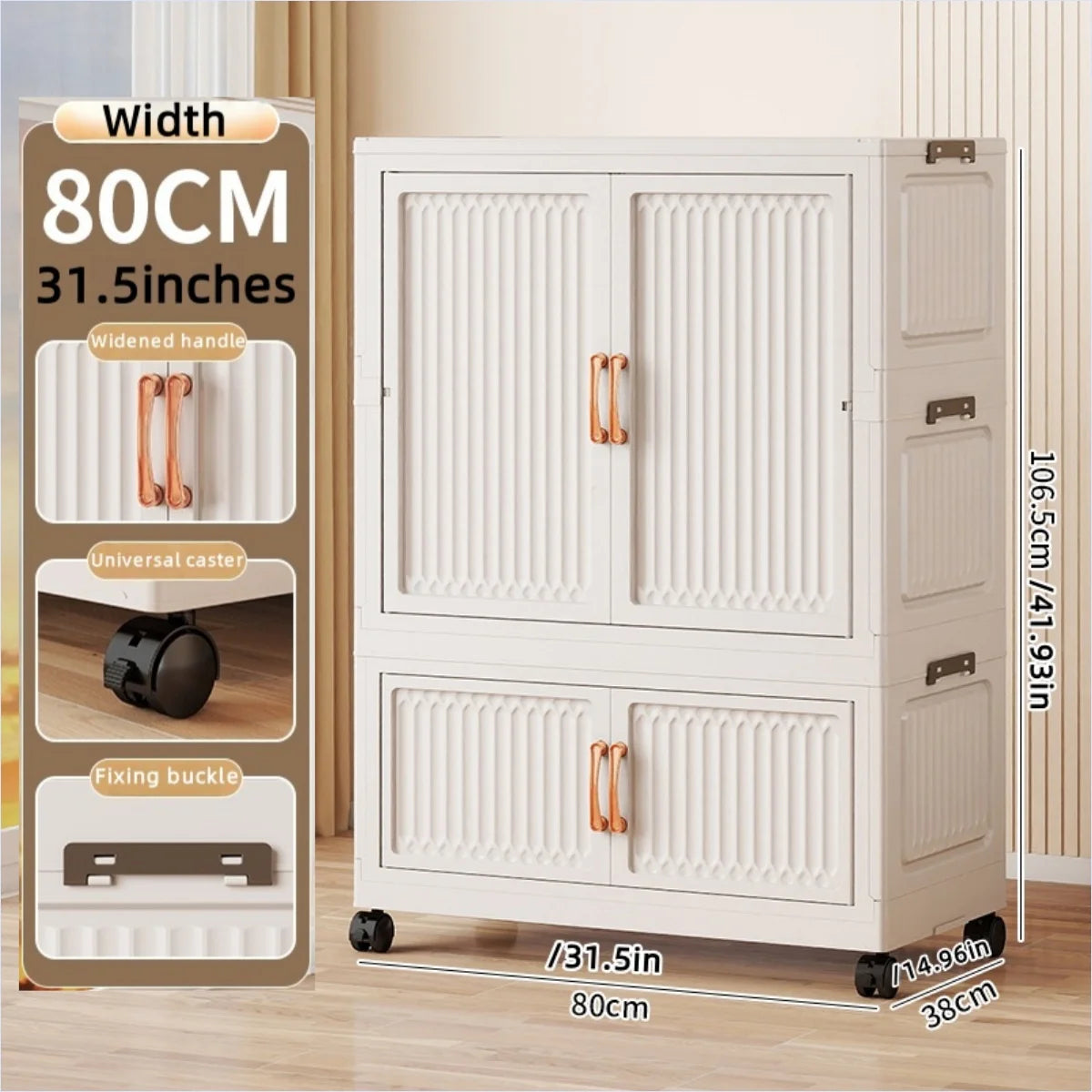 80cm Foldable Double-Door Wardrobe-No Assembly Portable Closet, Large Capacity Storage for Bedroom/Living Room (Clothes/Quilts) Oasis Select 1Large 1Small White