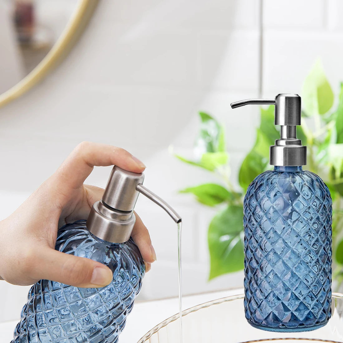 480ML Glass Soap Dispenser Rust Proof Stainless Steel Pump, Gem Patterned Refillable Hand Soap Dispenser for Kitchen Bathroom Oasis Select