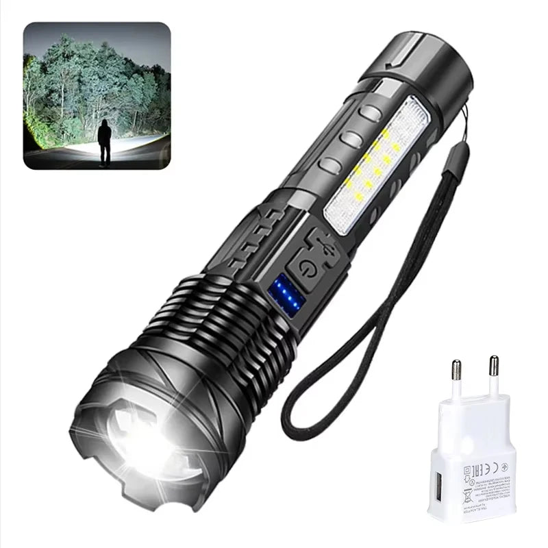 Powerful LED Flashlight Type C Rechargeable Waterproof Torch with Side Light 7 Modes Zoomable Lamp for Camping Fishing Lantern Oasis Select With Eu Plug