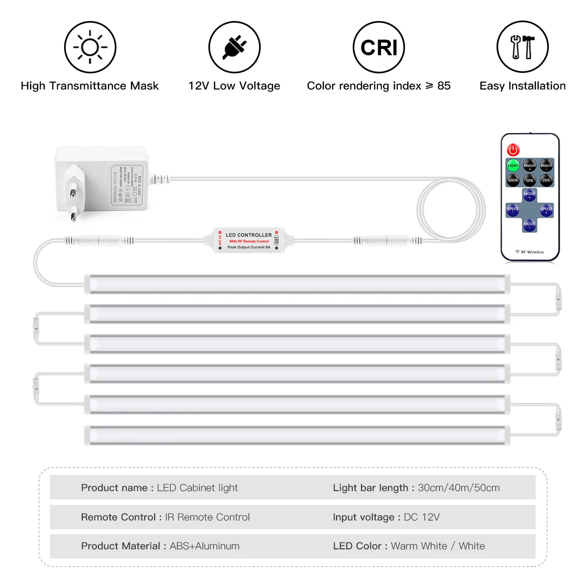12V Dimmable LED Light Bar 30CM 40CM 50CM White/Warm White Lamp Tube with RF Remote Control Dimmer For Kitchen Bedroom Lighting Oasis Select