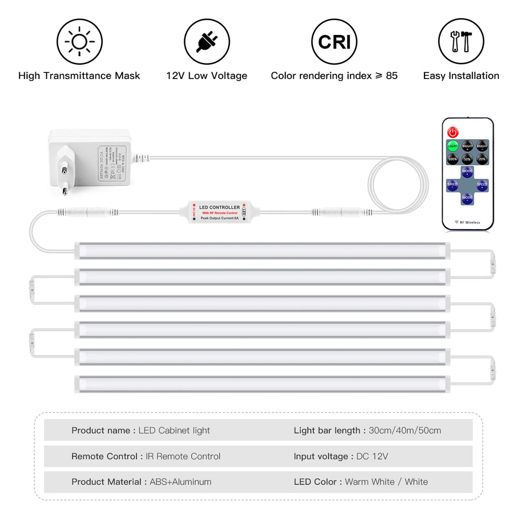 30/40/50CM Linkable Aluminium LED Tube Dimmable RF Remote Control Cabinet Light Bar Kitchen Wardrobe Storage Showcase Backlight Oasis Select
