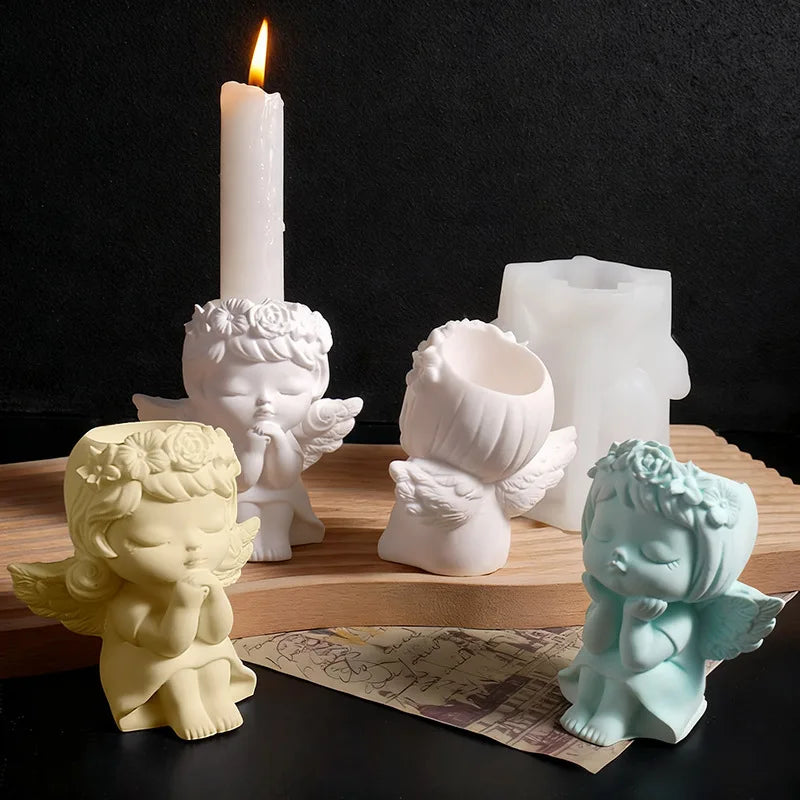 Prayer Angel Girl Flower Pot Mold Cheek-Resting Wreath Angel Prayer Flower Fairy Candlestick Plaster Silicone Mold Oasis Select