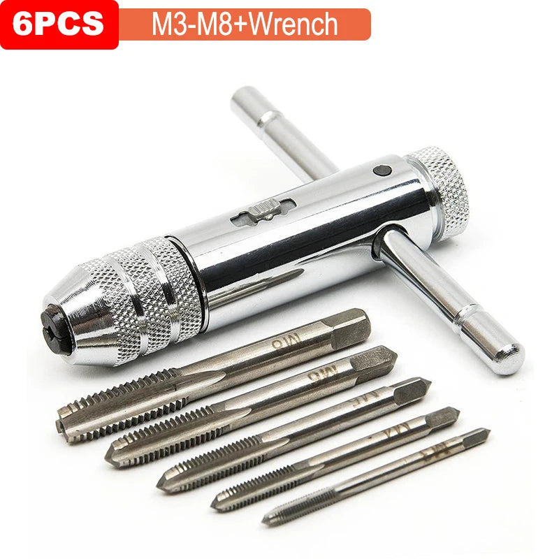 Adjustable Silver T-Handle Ratchet Tap Holder Wrench Set Hand Tools with 5pc M3-M8 Machine Screw Thread Metric Plug T-shaped Tap Oasis Select Wrench And M3-M8