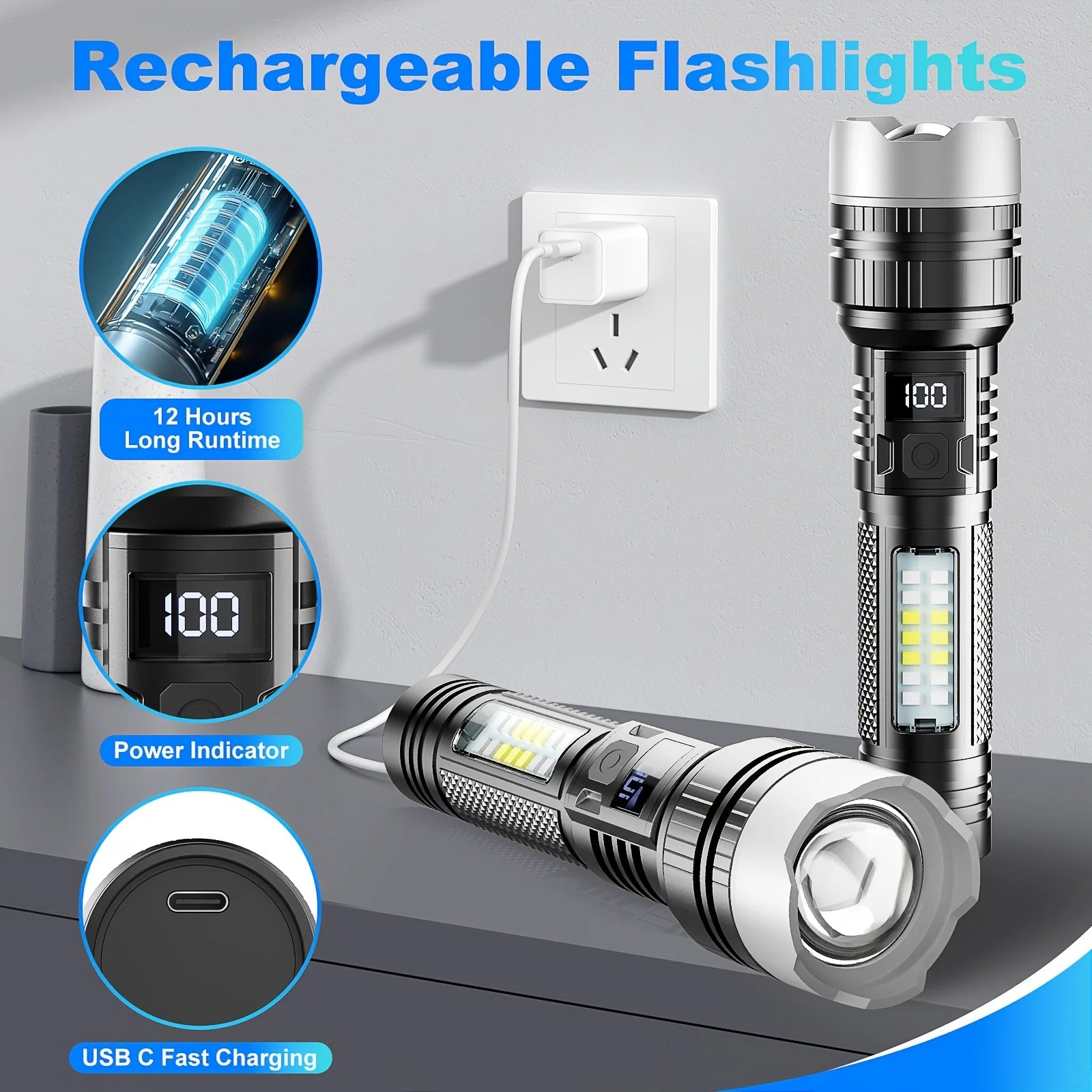 Super Bright LED Flashlight 5 Lighting Modes USB Rechargeable Flashlights Telescopic Zoom Torch with Red/Blue COB Side Lights Oasis Select