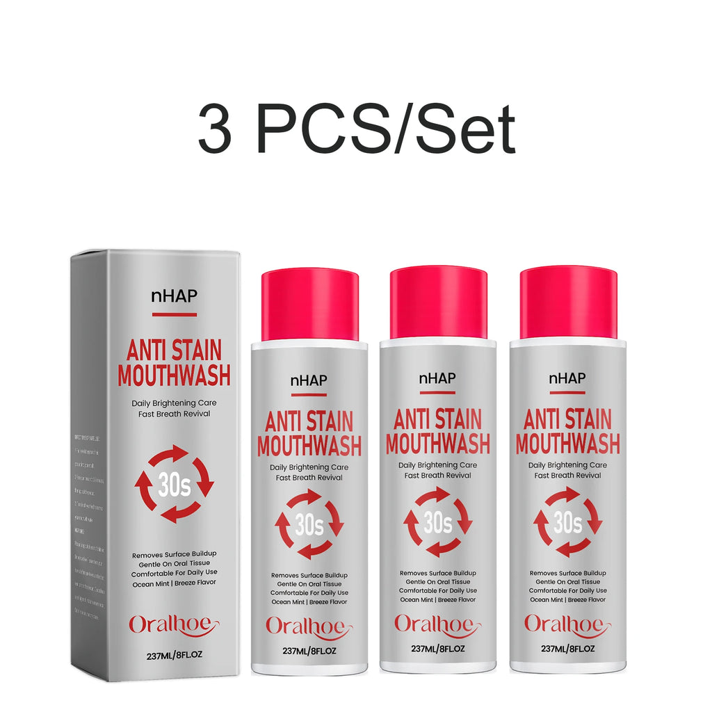 nHAP Anti Stain Mouthwash Whitening Breath Freshening Removes Surface Buildup Gentle Oral Care Mint Long Lasting Home Care 237ml Oasis Select A 3PCS