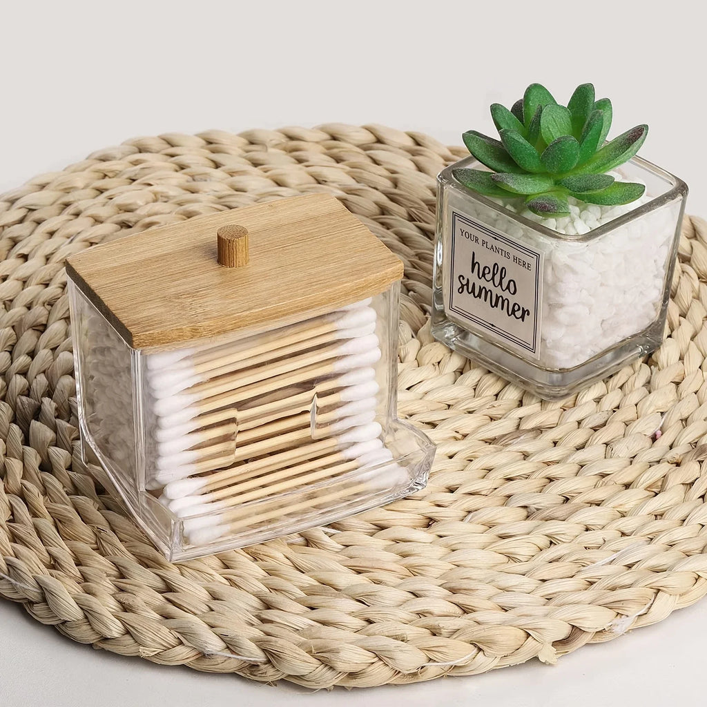 Cotton Swab Box - Transparent Bamboo Cover Dustproof Cotton Swab Toothpick Storage Box Multi-Purpose Visible Dispenser Oasis Select