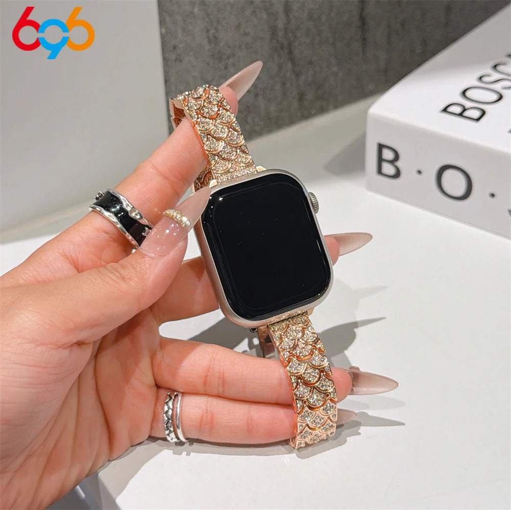 Women's Band For IWatch Series 9 8 7 6 SE 5 4 Full-Diamond Fishscale Metal Strap For Iwatch Ultra 2 Band 45mm 42mm 40/38mm 44mm Oasis Select RG 38mm40mm41mm