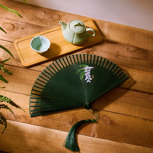 21cm Chinese style retro style green series Cherry Blossom gradient folding fan daily portable dance cheongsam fan Oasis Select 8
