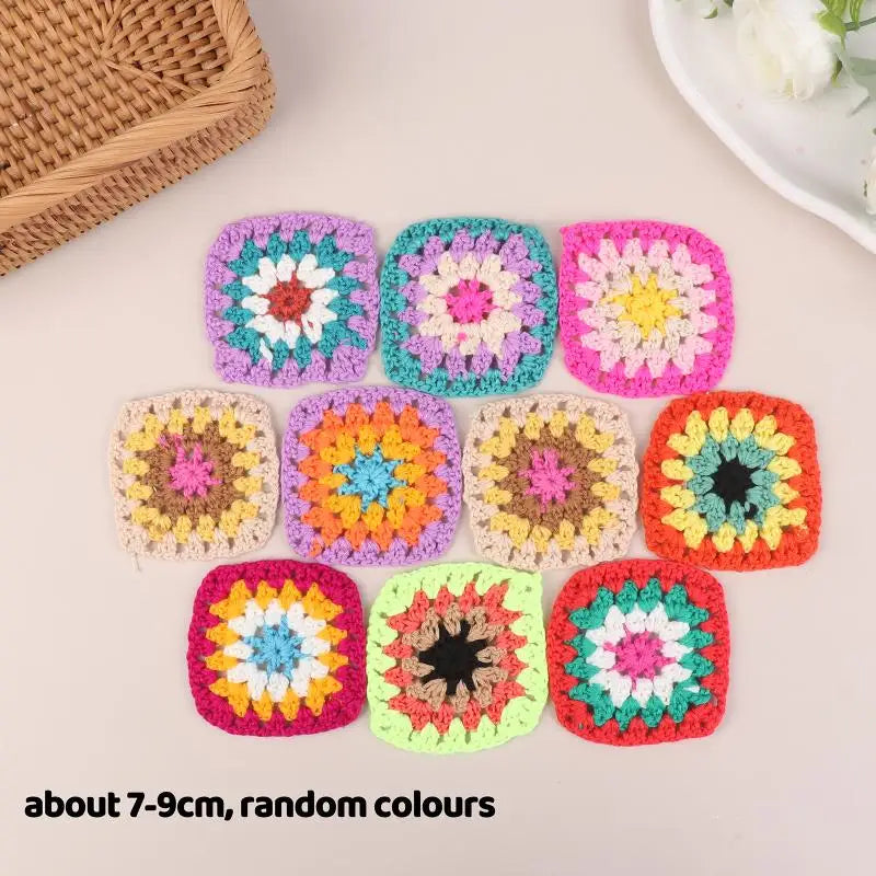 10Pcs Random Mix Colors Handmade Crochet Doilies Suit Square Flower Piece For Diy Clothing Pocket Coaster Bag Tablecloth Oasis Select 02