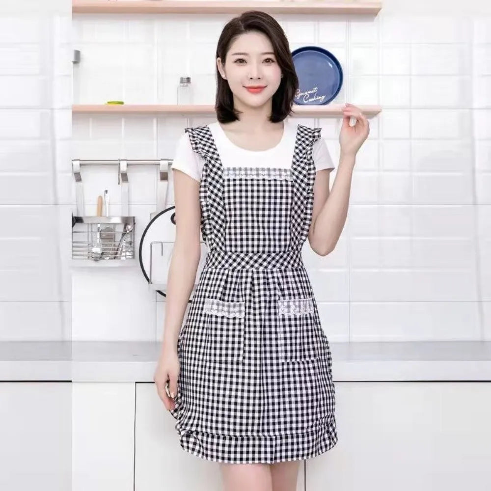 Korean Style Cotton Kitchen Apron with Pockets | Women & Girls