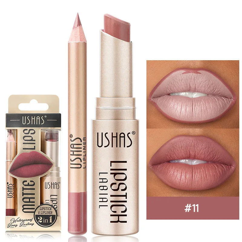 USHAS 12-Color Matte Lipstick & Lip Liner Set – Long-Lasting