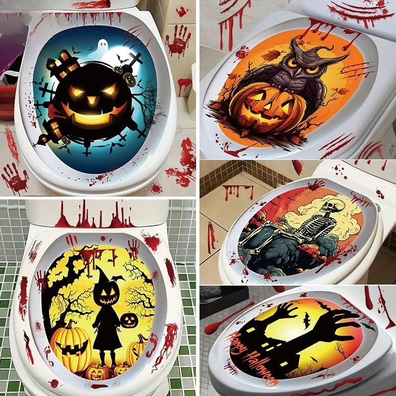 Halloween Toilet Lid Sticker Scary Pumpkin Haunted House Bathroom Decoration Wall Decals Poster Party Decoration Self Adhesive Oasis Select