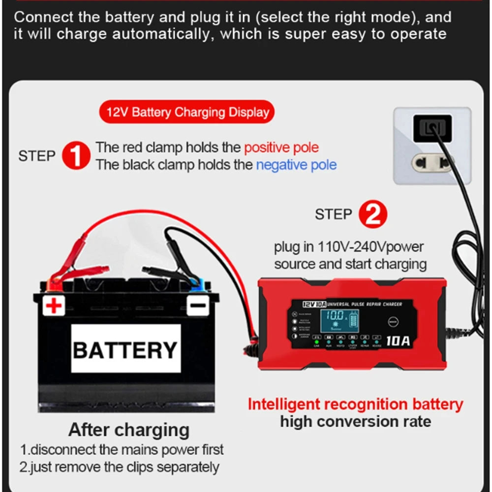 12V 10A Car Battery Charger Pulse Repair Smart Charger For Lifepo4 Lead Acid AGM GEL PB Lithium Battery Car Charger LCD Display Oasis Select