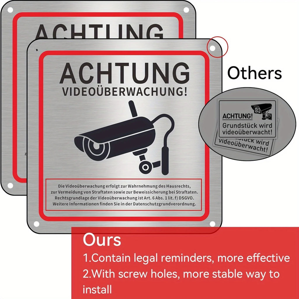 Aluminum Alloy Wall-Mounted Surveillance Camera Signage - German Text & Symbols - Metal Security System Plaque Oasis Select