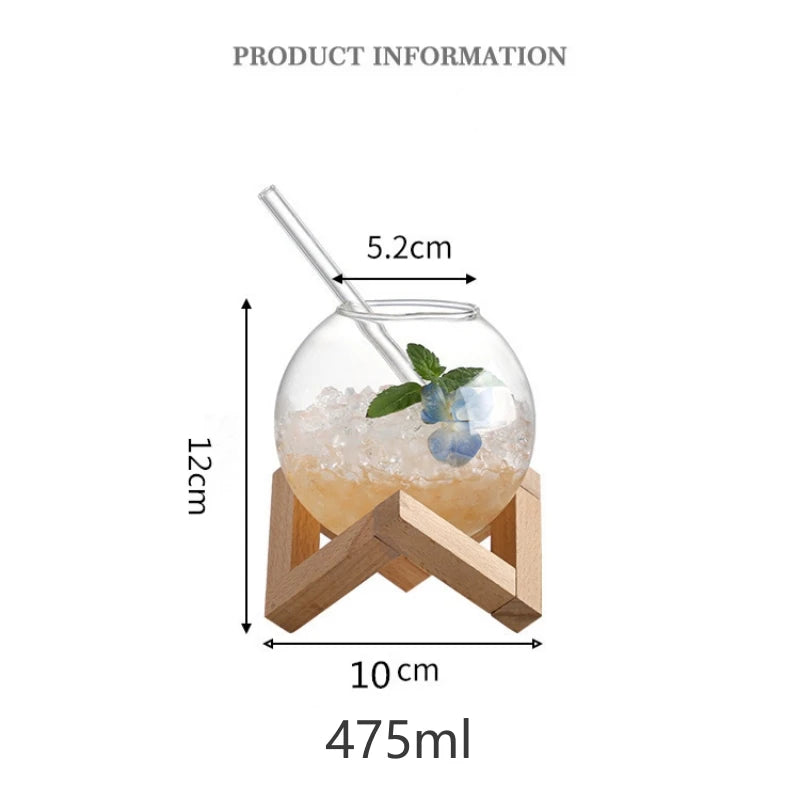 Creative Spherical Glass Cup with Wood Stand Straw Wine Cocktail Coffee Glass Cup Transparent Moon Ball Cold Drinking Juice Cups Oasis Select