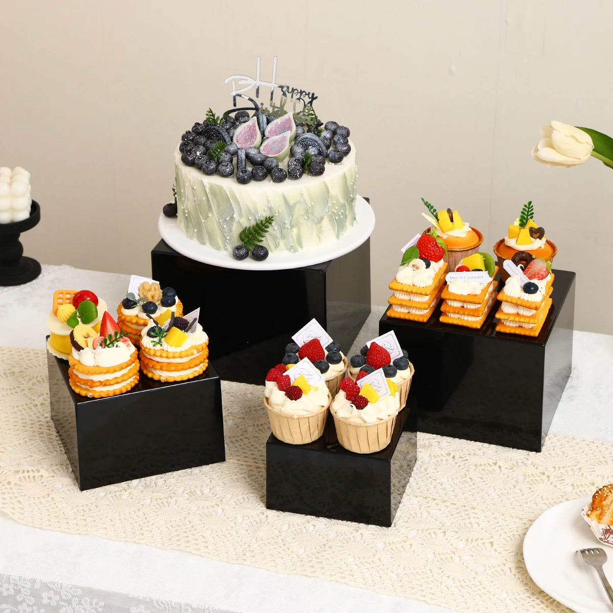 3pcs/4pcs Cube Glossy Black/Semi Transparent Black Acrylic Dessert Cake Display Stand Durable Wedding and Celebration Stand Oasis Select