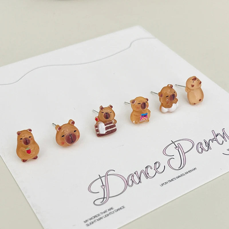 3/6/7pairs Capybara Cartoon Stud Earrings Mini Ear Studs Cute Earring Fashion All-match Earrings For Women Jewelry Accessories Oasis Select