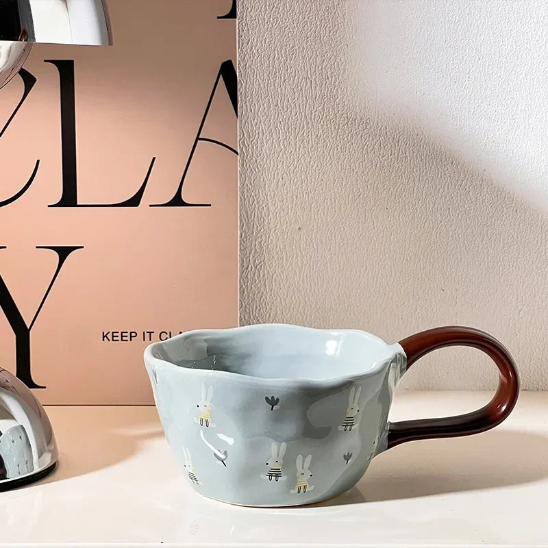 300ml Hand-painted Flower Ceramic Coffee Cup Cute Style Print Porcelain Handmade Breakfast Milk Juice Tea Chocolate Handle Mug Oasis Select Brown 300ml