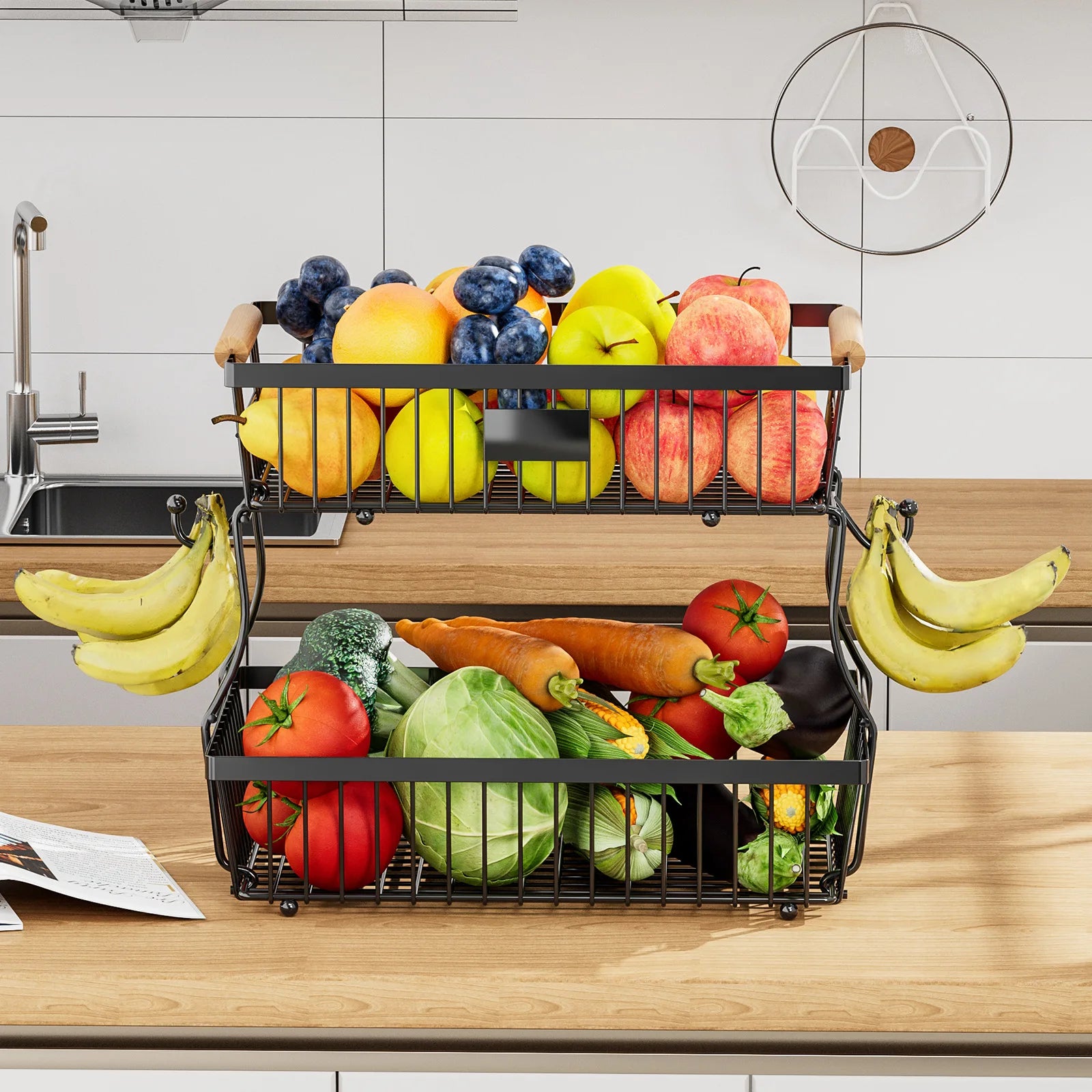 Kitchen Fruit Shelf Living Room Double-layer Removable Storage Rack Tray Wooden Handle Portable Vegetable and Fruit Basket Oasis Select