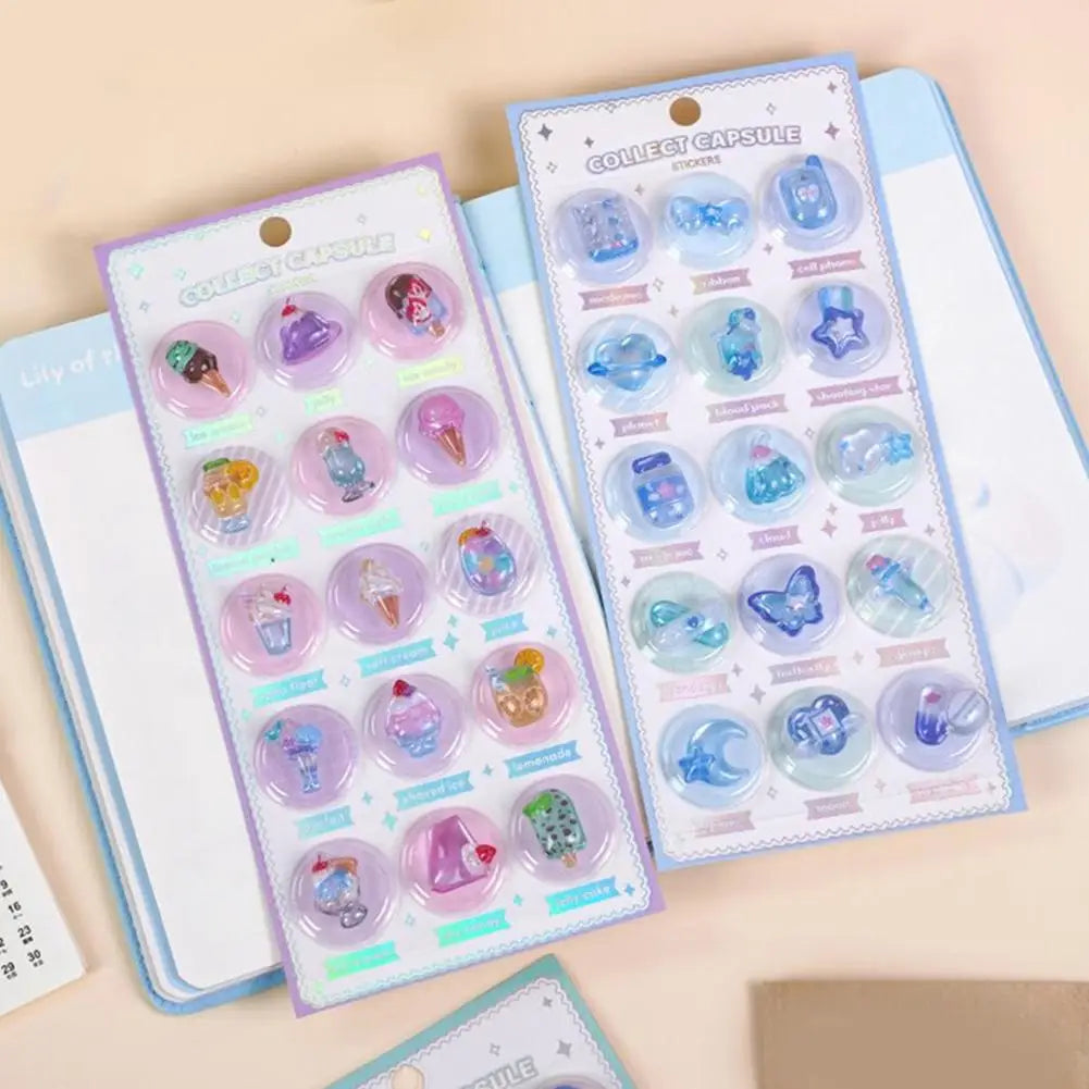 Creative 3D Capsule Embossed Crystal Sticker Kawaii 3D Relief Stickers Scrapbooking DIY Journal Cute Stationery School Sticker Oasis Select