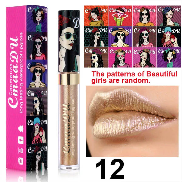 Metallic Pearlescent Shimmer Lip Gloss Lipstick Glitter Lip Glaze Long-Lasting Waterproof Not Transferable High Pigment Y2K Gift Oasis Select 12