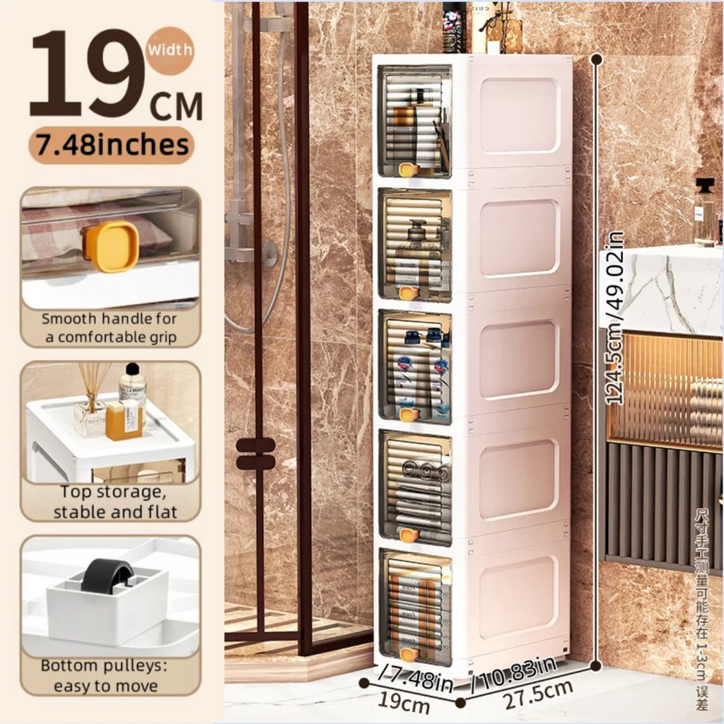 19cm Slim Storage Cabinet Flip-Top Organizer with Multi-Layer Shelves Large Capacity for Kitchen Living Room Bathroom Oasis Select 5 Tiers Clear Gray