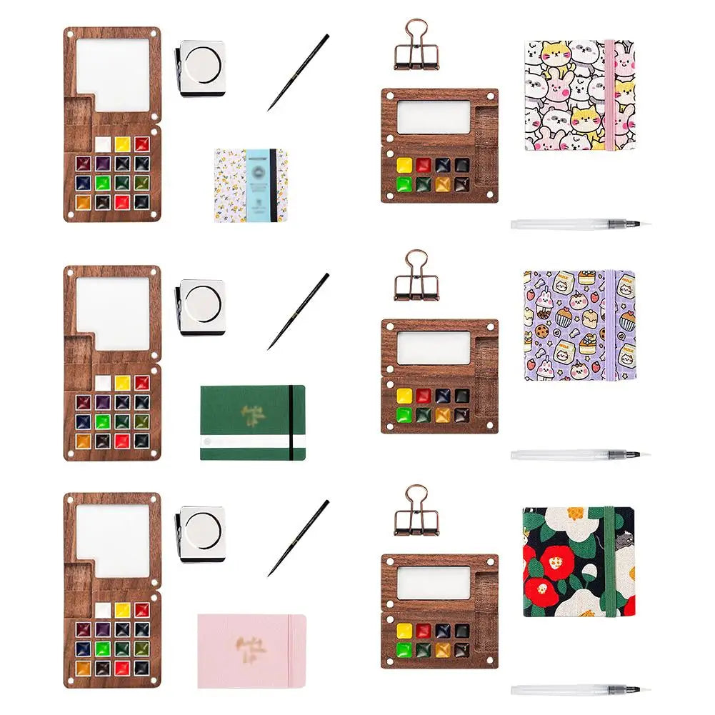Travel Watercolor Palette Set – Wooden Paintbox & Sketchbook