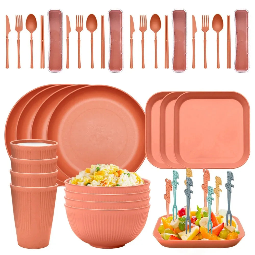 48-Piece Wheat Straw Eco-Friendly Dinnerware Set for 4 | Camping Eco Dinnerware Set Oasis Select 48PCS pink