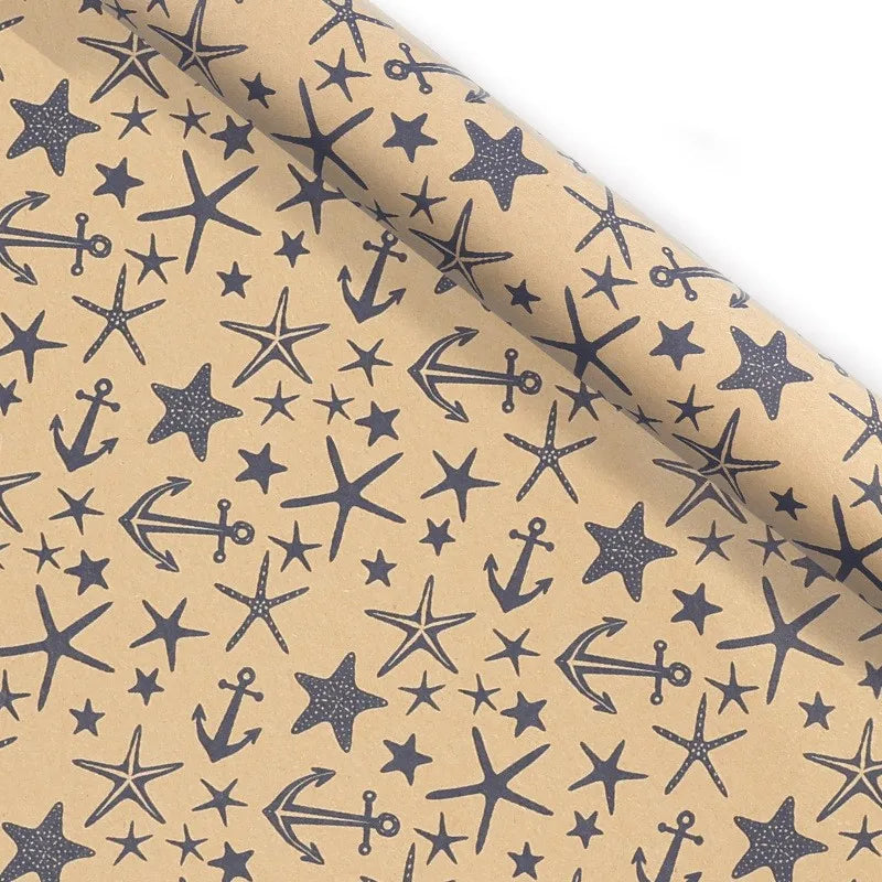 70x50cm Retro Gift Wrapping Paper Blue Grid Wave Sea Star Pattern Bouquet Packaging Paper Men Birthday Gift Packaging Paper Oasis Select C