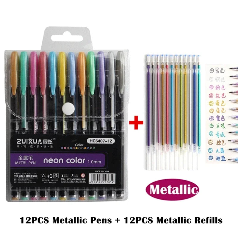 12/24Pcs Metallic Glitter Colors Gel Pens For School Office Adult Coloring Book Journals Drawing Art Markers Promotion Pen Oasis Select 12pc pen 12 Refill B