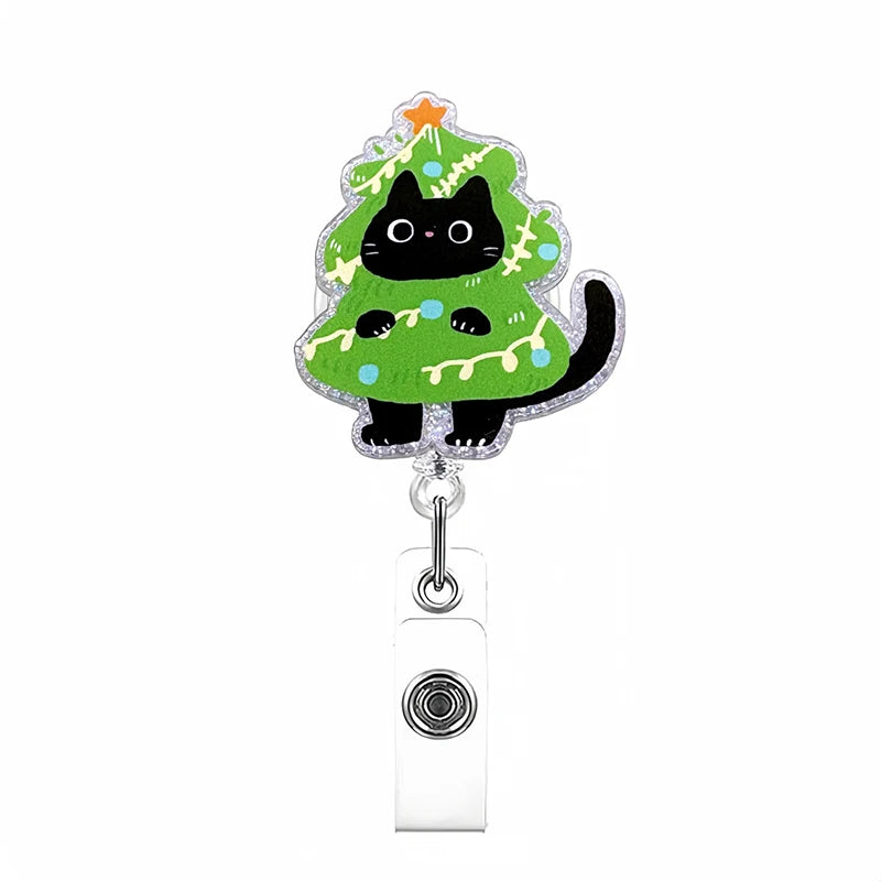 Christmas Cat Badge Reel Retractable Cute Xmas Badge Clip With Christmas Tree Black Cat Designs Acrylic Christmas ID Name Holder Oasis Select StyleE