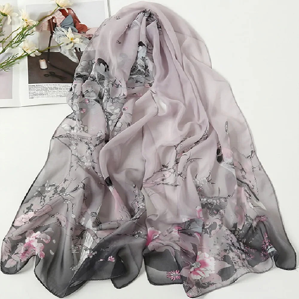 Fashion 160*50cm Chiffon Scarf Sunscreen Gradient Shawl Silk Washable Flower Print Long Wrap Shawl for Women Oasis Select 05