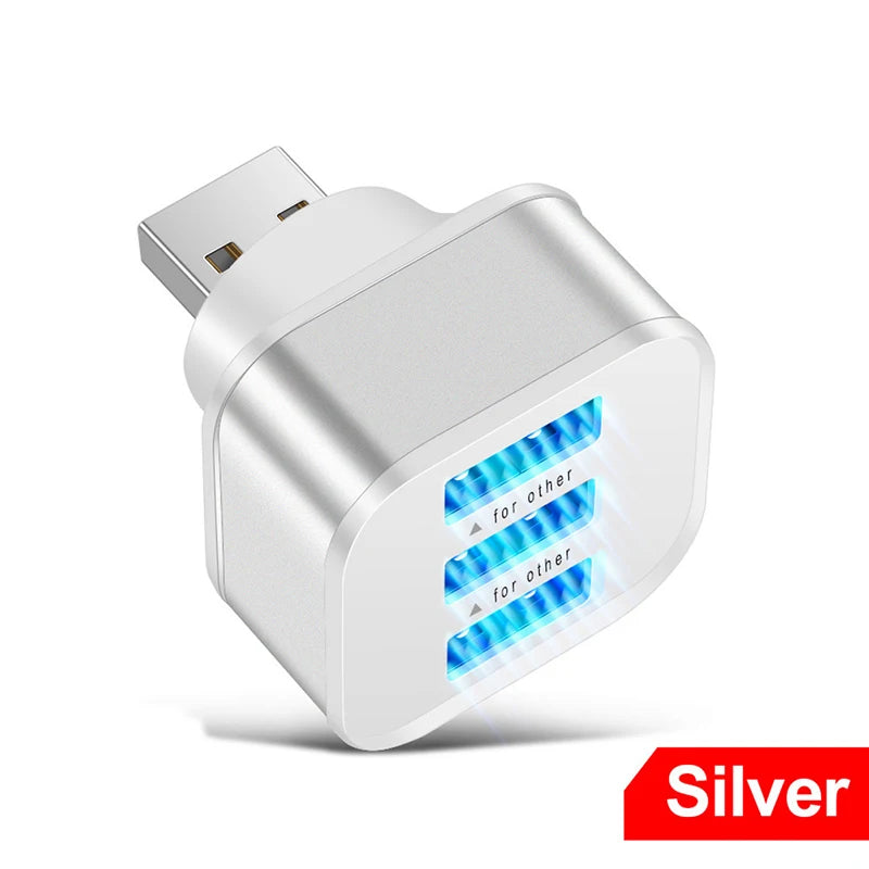 New Car USB Charging Extender 2.0 3-port Extended USB Splitter With Indicator Light Plug And Play 3 In 1 For Smart Phones Hubs Oasis Select Silver