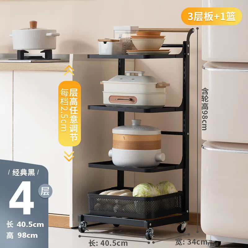 Kitchen rack Household floor-to-ceiling pot rack Multi-layer fruit and vegetable vegetable basket trolley storage rack Oasis Select Black Four-2