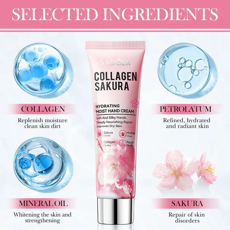 SADOER Sakura Collagen Hand Cream Moisturizing & Nourishing, Brightening Care, Anti-Wrinkle Anti-Crack Cream for Hands 60G Oasis Select