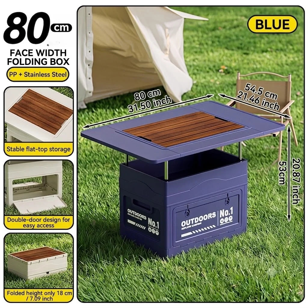 Large-capacity wooden cover foldable storage box for outdoor camping storage box table integrated vehicle camping trunk Oasis Select blue-Large