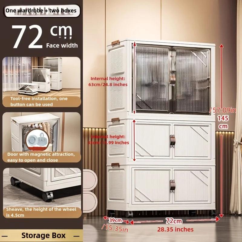 72cm Wide Foldable Storage Cabinet with Rolling Wheelsfor Clothes/Toys – Bedroom/Living Room/Bathroom Organization Oasis Select 1 Cabinet 2 Boxes